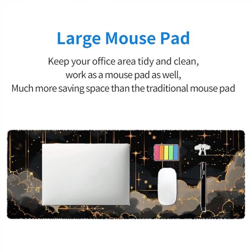 Black Gold Celestial Desk Mat - Extended Gaming Mouse Pad with Stitched Edge Non-Slip Base - 31.5"x11.8" - color: Black Gold Celestial_012, size: 11.8" x 31.5"