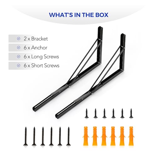 Ravinte 2 Pack 24 Inch Folding Shelf Brackets – Matte Black, Heavy Duty Collapsible Brackets for Tables and Benches – Space-Saving Design - size: 24 Inch