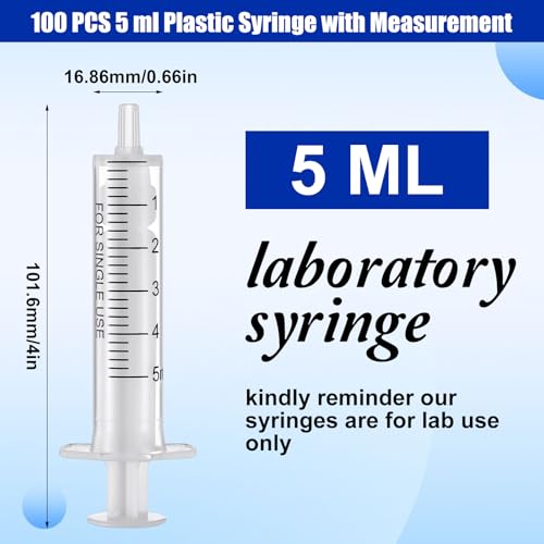 100 Pcs Plastic Syringe No Rubber Plunger Oral Syringes Without Needle Measuring Luer Slip Tip Syringe for Kids Children Liquids Refilling Scientific Labs(5 ml)