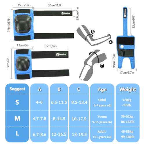 Tanden Skate Protective Gear Adult Knee Pads and Elbow Pads Set Wrist Guard - color: Blue, size: Youth (9-15 years)