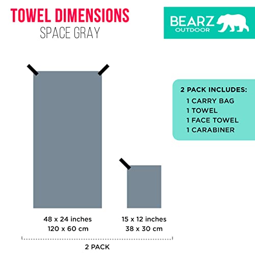 Microfiber Towel Set by BEARZ Outdoor. Microfiber Towels for Body, Workout Towel, Camp Towel, Yoga Towel, Sweat Towel, Microfiber Beach Towel, Travel Towel. Fast Drying & Compact. Free Face Towel - color: Space Gray (2 Pack)