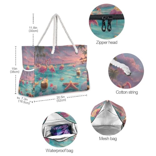 senya Large Beach Bags Totes Canvas Tote Shoulder Bag Soft Wave Water Resistant Bags for Gym Travel Daily Ocean - color: Hawaii Beach Two Flamingo