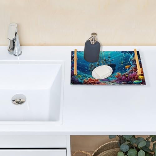 Undersea Vanity Tray,Bathroom Tray,Jewelry Storage Dresser Tray Kitchen Sink Toilet Tank Tray Organizer for Candle Plant Perfume Shampoo Towel Home Decor 7.87 * 11.81in 2010999