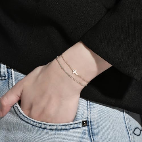 18K Gold Plated Small Cross Bracelet for Women | Tiny Cute Cross Bracelets | Beaded Bracelet | Hip Hop Knot | Hand Chain Bracelets | Gold Jewelry Gifts for Women - color: Cross Silver