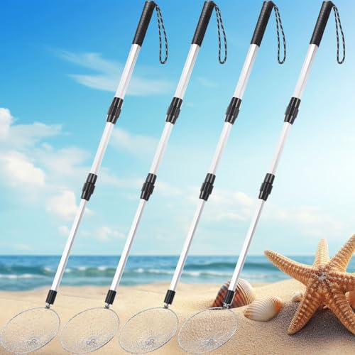 4 Pcs Shark Tooth Sifter Beach Sand Sifter Set 41.4" Adjustable Beach Sand Scoop Shell Scooper with Long Handle for Picking up Shells Beachcombing Rock Hunting