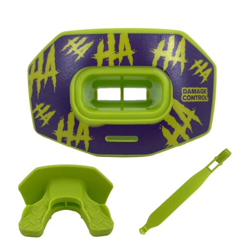 DAMAGE CONTROL Youth Football Mouth Guard – HA HA HA | Heavy Duty, Breathable No Boil Mouthpiece, Maximum Airflow, Protects Lips & Teeth, Works with Braces, Includes Helmet Strap - color: Ha Ha Ha