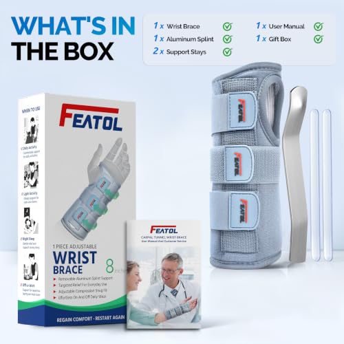 FEATOL Carpal Tunnel Wrist Brace Night Support, Adjustable Left Hand Brace - size: Small/Medium (Pack of 1), style: Left Hand -Grey