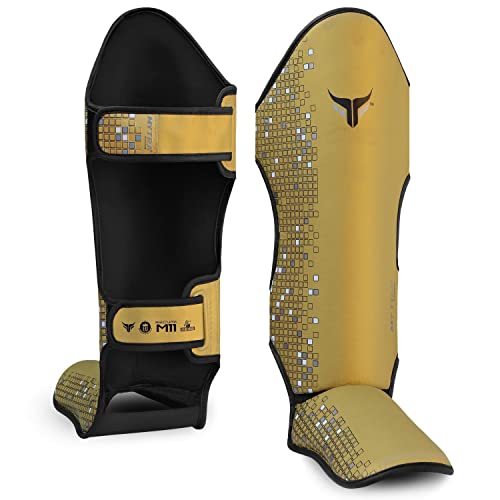 Mytra Fusion Shin Guards MMA, Muay Thai Shin Guards – Shin Instep Protection for Kickboxing, Training, BJJ, Sparring, Boxing Gear and Martial Arts - color: Gold, size: Small
