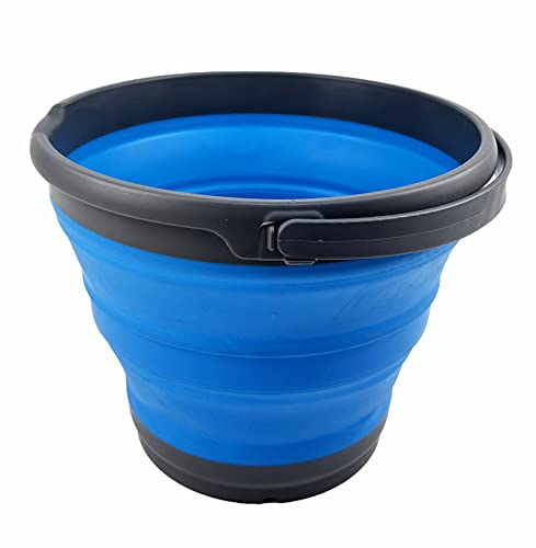 SAMMART 10L (2.6 Gallon) Collapsible Plastic Bucket - Foldable Round Tub - Portable Fishing Water Pail - Space Saving Outdoor Waterpot, Size 33cm Dia (Grey/Cerulean)