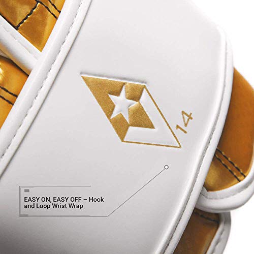 Revgear Pinnacle Boxing Glove | Entry Level | Comfortable & Stylish - color: White/Gold, size: 14OZ