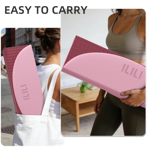 ILILI Foldable Yoga Mat, 10mm Thick, 75x26 Inch Extra Long, Exercise Mat - color: Light Pink+Rose Pink