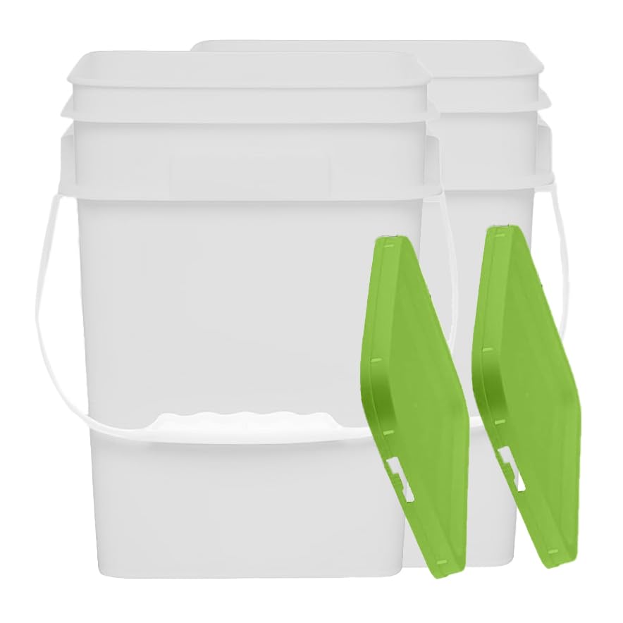 4 Gallon White Plastic Buckets with Green Lids - Square Base for Easy Storage - Pack of 2
