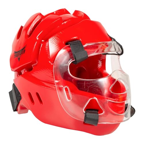 Karate Sparring Full Head Gear with face Shield - color: red, size: adult large
