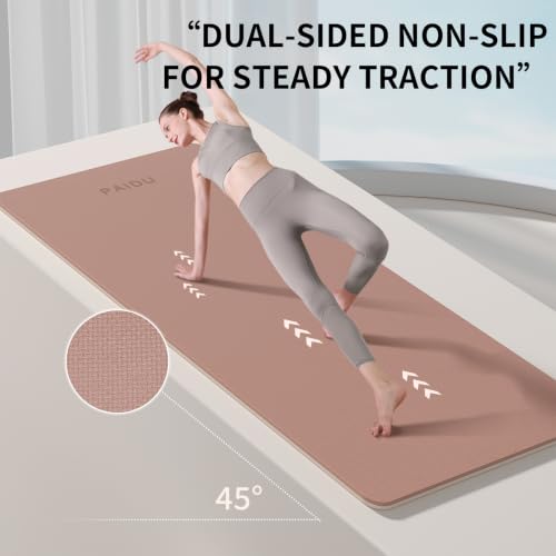 PAIDU POE Yoga Mat (10mm)Extra Thick Fitness Mat 72"x24" with Carry Strap | Non-slip, tear-resistant and suitable for all ages, perfect for yoga, Pilates, home gym and full-body workouts. - color: Brown+Apricot