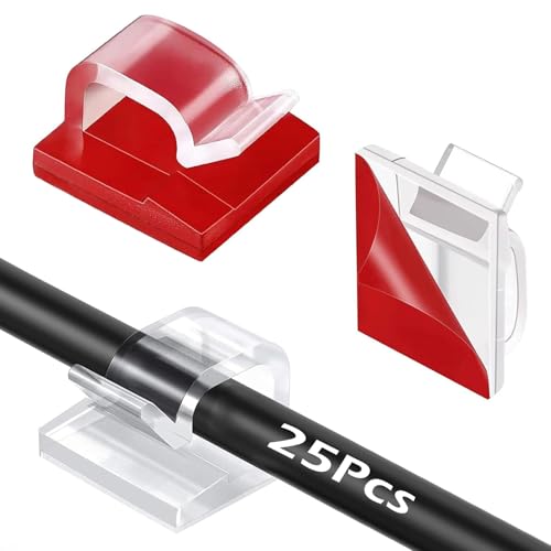 25 PCS Adhesive Cable Wire Clips Clear, Cable Staples Outdoor Cable Management Wire Organizer Cord Holder for Under Desk, Car, Wall, TV PC Ethernet Cable- 5/8”