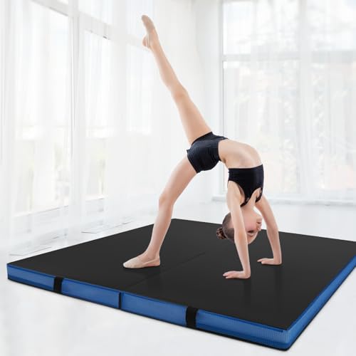 GYMAX 4' x 4' Folding Gymnastics Mat, 4" Thick Bi-Fold Exercise Tumbling Mat w/Carrying Handles, PU Leather Cover, Home Gym Mat for Aerobics Workout, Yoga, Stretching - color: Black