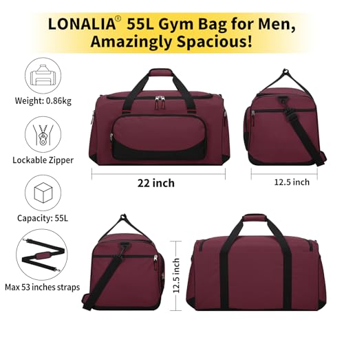 55L Large Sports Duffle Gym Bag for Men, Maroon - color: Maroon