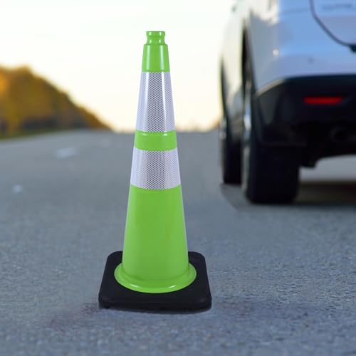 4 Pack 28 Inch Green PVC Traffic Cones Black Base Stable Flexible, Road Safety Construction Zone Crowd Control Safety Cones Outdoor Use (4, Green, 28 Inch) - color: Green, size: 28 Inch