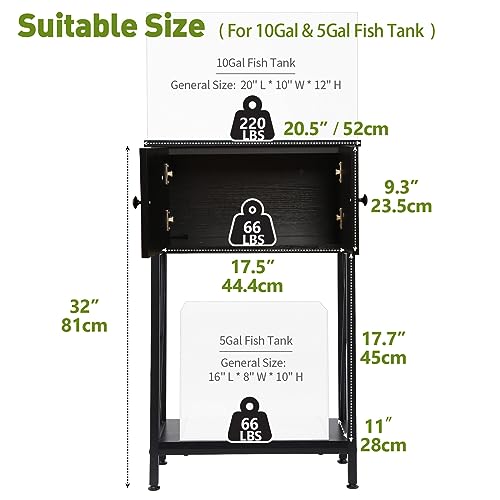 10 Gallon Fish Tank Stand with Cabinet, Double Aquarium Stand for 10 & 5 Gallon Fish Tank, Heavy Metal Stand with Stable Structure, Adjustable Table Feet & Anti-tilt Device - Black