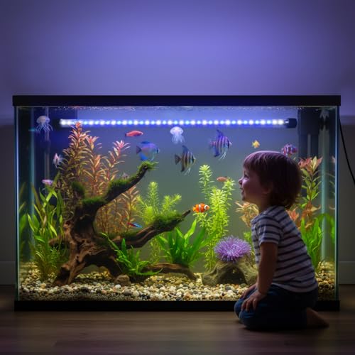Dirvin 10W LED Fish Tank Light with Timer, Submersible Aquarium Light, 24/7 Mode Sunrise-Daylight-Moonlight and 3 Colors Adjustable Brightness, Auto On/Off, 18.9in - size: 18.9in
