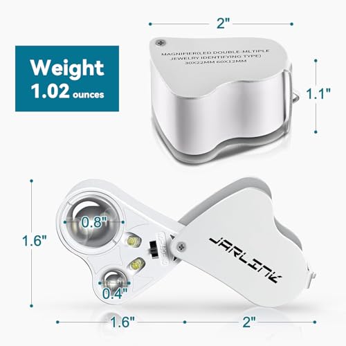 JARLINK 30X 60X Illuminated Jewelers Loupe Magnifier, Foldable Jewelry Magnifier with Bright LED Light for Gems, Jewelry, Coins, Stamps, etc - color: White