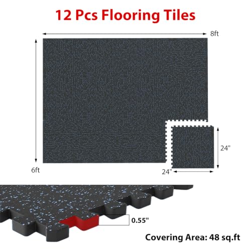Giantex 12-Pack Interlocking Rubber Gym Floor Mats, 0.55'' Thick 24''x24'' Puzzle Tiles with Border Strips, 48 sq.ft Anti-Slip, Noise-Reducing Flooring for Home Workout Exercise (Black/Blue Speckled) - size: 0.55'' | 12 Tiles | 48 Sq Ft