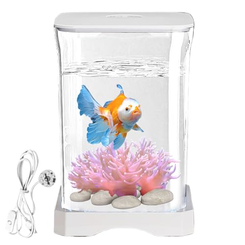 Small Fish Tank - LED Aquarium, Acrylic Mini Bowl with Feeding Hole, Compact Betta Container, Clear Stylish Design | Home Office Decoration, Desktop Display, Bedroom Aquarium, Small Aquatic Habitat - color: White