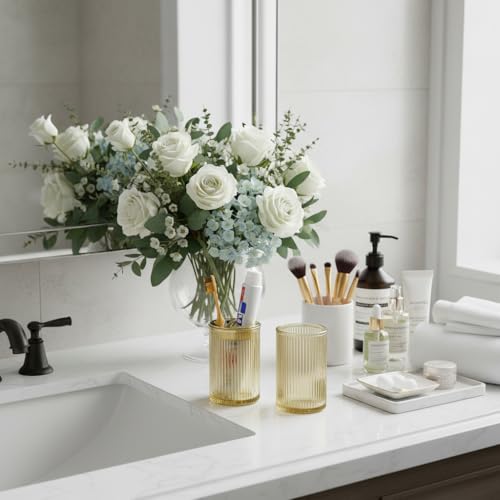 Toothbrush Holders for Bathrooms, 2pcs Amber Glass Toothbrush Holder, Bathroom Toothbrush Cup and Toothpaste Holder with Gold Divider, Tooth Brush and Toothpaste Organizer for Countertop - color: Amber Gold