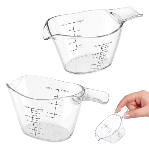 2 Pcs 2 Ounce Small Measuring Cups with V-Shaped Spout, 60ml Clear Mini Measuring Cup with tsp/Tbsp/oz/ml Markings, Clear Easy-Read Markings Scale for Kitchen, DIY Mixing, Beauty Mixings