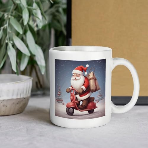 11oz White Ceramic Coffee Mug Funny Santa Claus on Scooter Tea Cup Microwave & Dishwasher Safe, Lead-Free for Home Office Daily Use & Gifting - color: santa claus on scooter