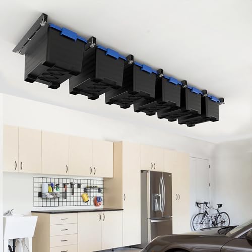 EVERHANGER Ceiling Storage Rack, Heavy Duty Overhead Storage Rack | Adjustable Garage Ceiling Bin Storage System, 7 Sets for 6 Bins, 16 Inch - style: For 6 Bins