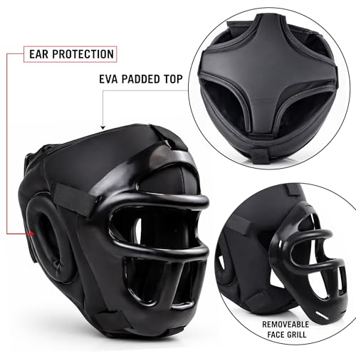 Boxing Headgear for MMA Training, Adjustable Padded Protective Helmet – Muay Thai, Kickboxing, Karate, Taekwondo & Martial Arts Sparring - size: S/M With Grill