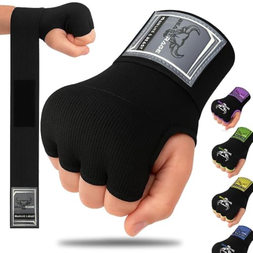 BEAST RAGE Inner Gloves with Hand Wraps Quick Wrap Long 36" Wrist Support MMA Muay Thai Bandages Punching Martial Arts Training Men Women Kickboxing Bandages Under Bag Gloves - color: Black Rage, size: M (Adult)