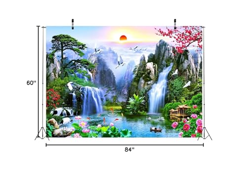 BELECO 7x5ft Fabric Fairyland Mountain Lake Photography Backdrop Waterfalls Swans Fish Flowers Dreamy Natural Landscape Painting Background Wall Murals Home Decor Kids Adults Portrait Photoshoot - size: 7x5FT