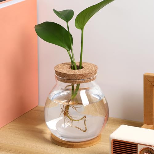 Clear Desktop Fish Bowl with Lid, Small Glass Table Fish Tank with Wood lid Betta Aquarium Plant Terrarium Vase for Home Office Decoration, 13X14cm/3.9X4.2in