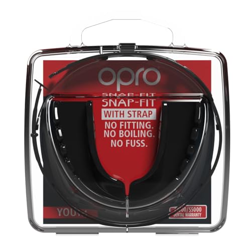 OPRO Snap-Fit Mouth Guard with Strap, Instant Fit (Jet Black) Youth