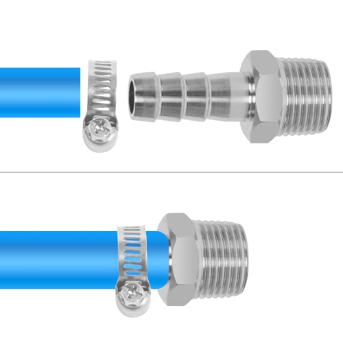 ChillWaves 304 Stainless Steel Air Hose Fittings, Hose Barb Fittings 3/8" Barb x 3/8" NPT Male Thread Adapter with Hose Clamp(3-PACK)