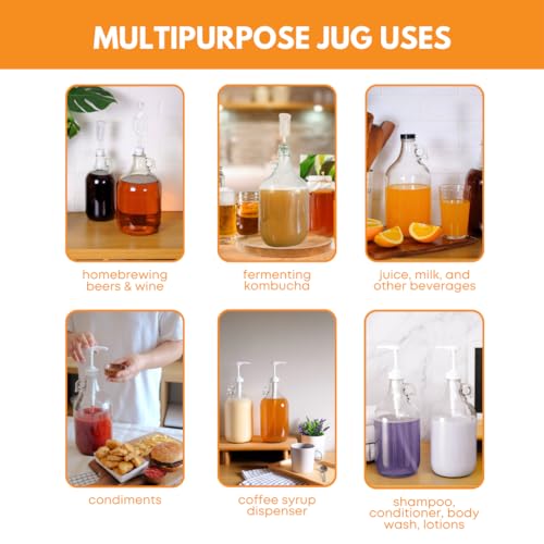 Fastrack 4-Pack 1 Gallon Glass Jug Set (128 oz) w/ Polyseal Caps | Multipurpose 1 Gallon Jug, & Detergent Dispenser for Laundry, Glass Jar for Liquids, Water & Juice - size: 4 Count (128 oz per bottle)