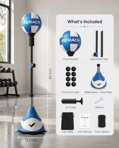 MERACH Punching Bag with Stand, 8 Suction Cups 53-62 Height Adjustable | Stress Relief, Sand Filled Base, Carbon Steel Spring, Fast Rebound, Easy Assembly, Home Gym Boxing Equipment (Blue & White)
