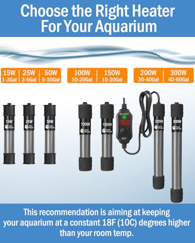 AquaMiracle Aquarium Heater 150W Fish Tank Heater for 15-30 Gal Tanks, LED Digital Display Thermostat Turtle Heater with Out-of-Water Auto Shut-Off, Overheat Protection & Memory Function - size: For 15-30 Gal Tank