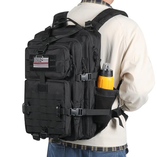 Hannibal Tactical MOLLE Assault Backpack, Tactical Backpack Military Army Camping Rucksack - color: Flag Patch With Water Bottle