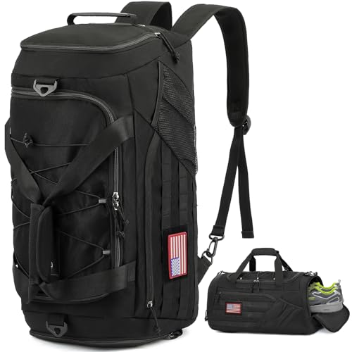 3-in-1 Tactical Gym & Travel Duffle Bag Backpack Men Multi-Functional 45L Military Sports Duffle Bag with Shoe Compartment & Wet Pocket for Workout Weekender Overnight Bag with Molle Webbing, Black - color: Black