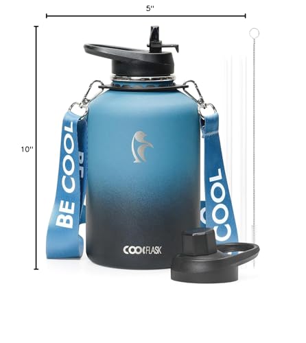 Coolflask Half Gallon Water Bottle Insulated Stainless Steel with Strap - color: Blue, size: 64 Ounces