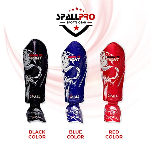 Spall Pro US Muay Thai Guards Shin Guards for Kickboxing Martial Arts BJJ Boxing Sparring with MMA Foot Protector - Born to Fight Red (Small/Medium)