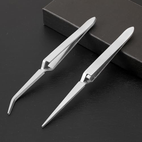 Reverse Tweezers, 2 Pcs Reverse Tweezers for Crafting, Rubber Tipped Electronics Tweezer Stainless Steel Bent and Straight Flat Tip Cross Locking Precision Tweezer Set for Crafts Jewelry Beads Coins