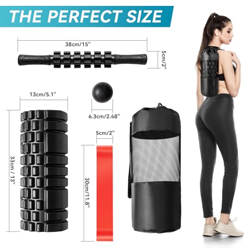 Krightlink 5-in-1 Foam Roller Set High Density Deep Tissue Muscle Massage | Muscle Recovery Kit Exercise Roller, Massage Ball, Resistance Band & Carry Bag for Physical Therapy & Pain Relief Black - color: Pure Black