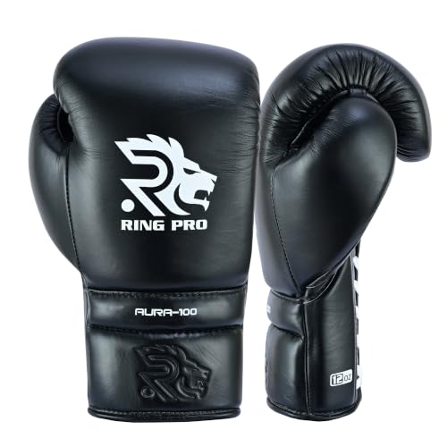 Aura 100 Full Grain Leather Lace Up Boxing Gloves for Men & Women – Professional Training, Sparring, Competition, Muay Thai, Kickboxing & Heavy Bag Gloves - color: Black, size: 14 OZ