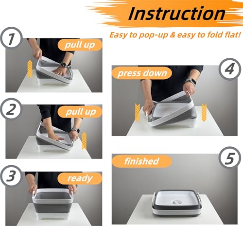 Collapsible Wash Basin with Drain Plug - 2.4 Gallon Foldable Kitchen Sink for Baby Bottles, RV Camping, Space-Saving Dish Tub (Gray)
