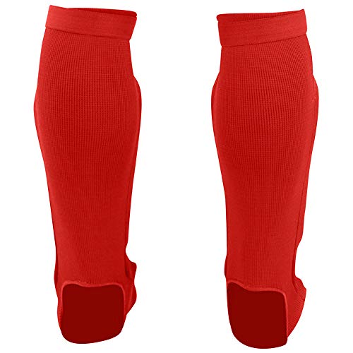 Slip On Elastic Muay Thai Shin Guards – Kickboxing, MMA Sparring and Training Protective Instep Shin Pads - color: Red, size: Large-X-Large