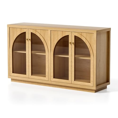 Storage Cabinet with 4 Doors, Arched Sideboard Buffet Cabinet with Adjustable Shelves, Accent Display Cabinet with Acrylic Door for Living Room, Entryway, Dining Room, Natural Oak